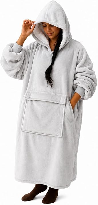 Wearable Blanket Sherpa Hoodie Sweatshirt, Top Opening Pouch, Plus Side Pockets
