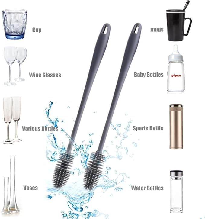 SARTHU Bottle Cleaning Silicone Brush with Long Handle for Baby Bottle, Water Bottle, Narrow Neck, Containers, Vase and Glassware, Sports Bottle, Cleaning (Multicolor) Pack of 2 3