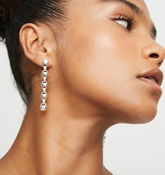 Uno de 50 Sterling Silver-Plated Bead Link Drop Earrings, Long Chain Design, Ser Intrepida Collection