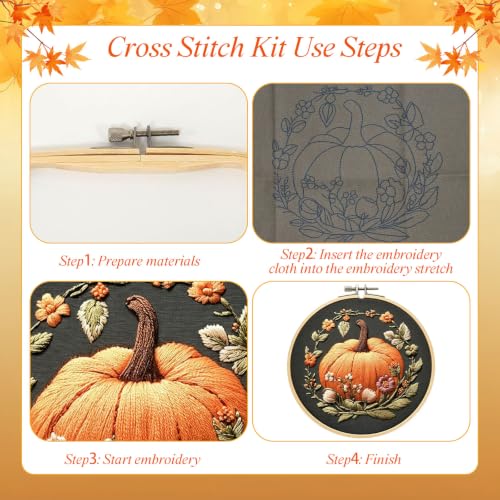 Image of YOUDRN Pumpkin Embroidery Kit for Beginners, Embroidery Kits for Adults | DIY Hand Fall Embroidery Cross Stitch Starter Set with Pattern, Threads, Needles, Instruction, 20cm Hoop