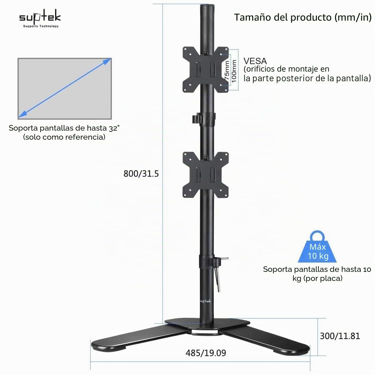 Suptek ML6802 - Soporte de Pantalla para PC, 2 Pantallas de 13 a 27 Pulgadas (Altura 80 cm Ajustable), VESA 75 x 75/100 x 100 mm, inclinación y pivote, pie de Pantalla PC