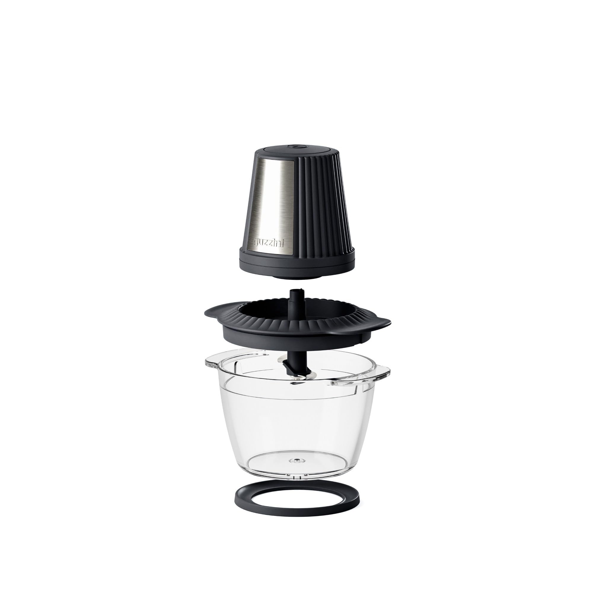 Guzzini, Sous Chef, Tritatutto con Bowl in Vetro da 1L, Lama Doppia in Acciaio Inox, Materiale Bio-Based, Tappetino in Silicone Antiscivolo (Anthracite)