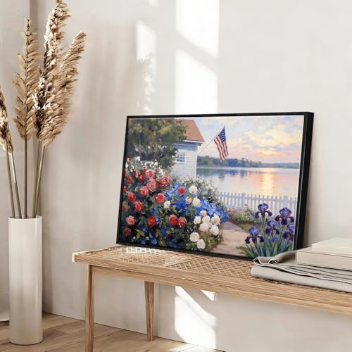 Image of American Flag Framed Canvas Wall Art, 4th of July Floral Canvas Prints, Summer Cottage Landscape Patriotic Decorations, Vintage Independence Day Wall Decor for Bedroom Living Room 16x20