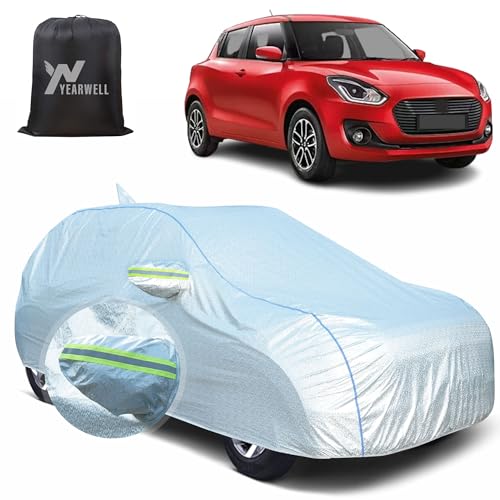 Image of Car Body Cover for Maruti Swift (2018-2023), 100% Waterproof, Heat-Resistant with Mirror & Antenna Pockets, Soft Cotton Lining, Triple Stitched, Piping & Reflector (Reflective Silver)