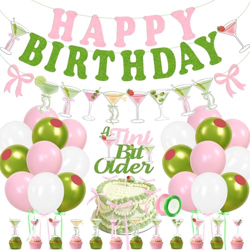 Martini Bow Birthday Party Decorations - Green Pink Glitter Happy Birthday Banner Garland Cake Topper Balloons for Girls Women Trendy Martini Bar Bachelorette Bridal Shower Party Supplies