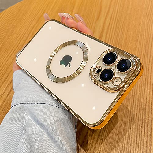Spevert Magnetic Clear Case For Iphone 14 Pro Max With Camera Lens Protector Full Protection Case Compatible With Magsafe Elegant Anti-Scratch Case Cover 6.7 Inch - Gold #TOP7