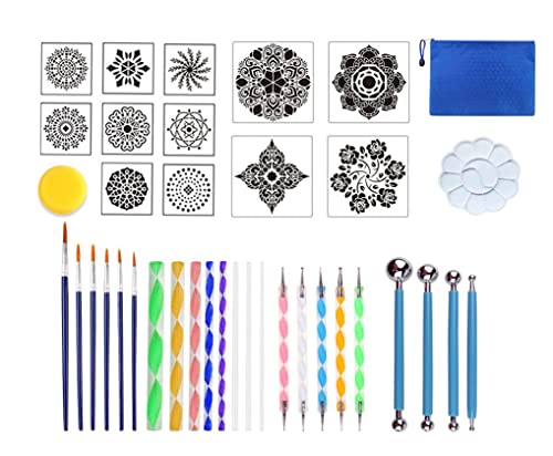 Becho 38 Pieces Mandala Dotting Tools Different Mandala Stencils Paint Tray Paint Brushes Acrylic Rods and More for Rock Painting,Crafts,Nail Art,etc.