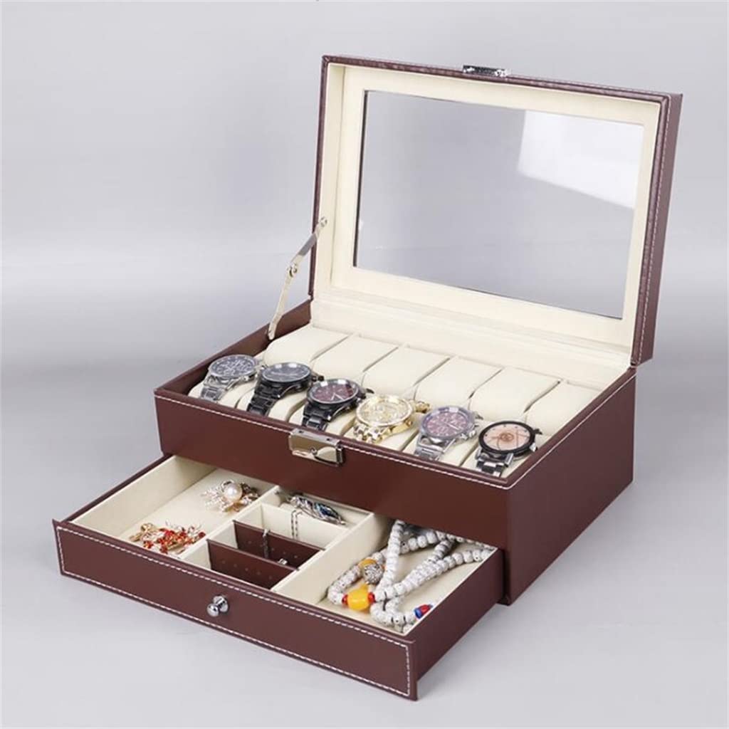 12 rejillas de cuero PU caja de reloj organizador de doble capa reloj joyería almacenamiento y caja de presentación con cerradura palabra (color rojo, tamaño: 30,2 x 20 x 13 cm)