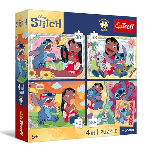 Trefl – Puzzles 4 en 1 : Lilo & Stitch, Cosmic Stitch – 4 x 88 pièces – Affiche Unique, Lot de Quatre Puzzles pour Les Enfants à partir de 5 Ans