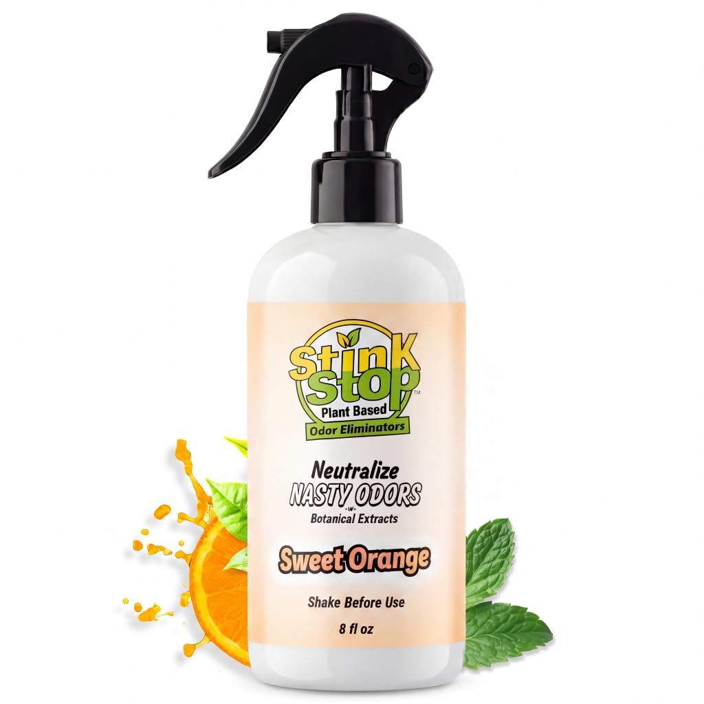 Plant-Based Odor Eliminator Spray: Multi-Use Natural Odor Neutralizer for Bathrooms, Trash Cans, Diaper Pails, Cars, Shoes, Pet Odors, Post Poop and Musty Rooms (8 fl oz, Sweet Orange)