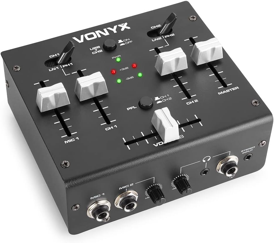 Vonyx VDJ2USB 3Channel DJ Mixer, Black, with FullDuplex USB Port