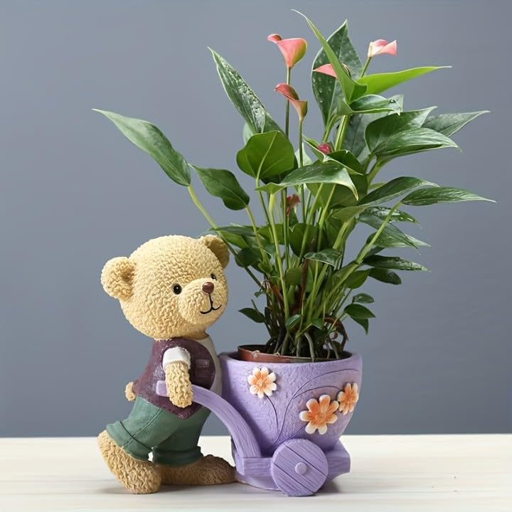 Image of Cute Bear Succulent Planter with Floral Cart - Resin Mini Pot for Desk, Home or Kids Room Decor - Decorative Animal Plant Holder | No Plants or Floral Included (Purple)