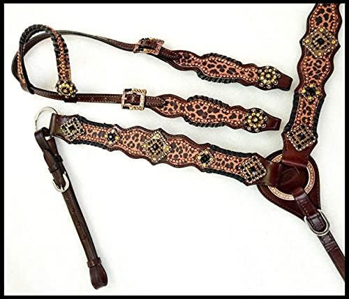 Showman Leather Single Ear Headstall & Breast Collar Set w/Cheetah Print