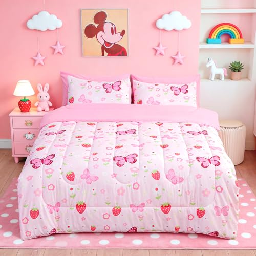 Image of Bedding Set - Pink Butterfly 5pcs Bed in A Bag, Dreamy Butterfly Printed, Soft Microfiber Twin Comforter Set with Sheets, Pillowcase & Sham for Girls Kids Teens (5 Piece Twin Size)