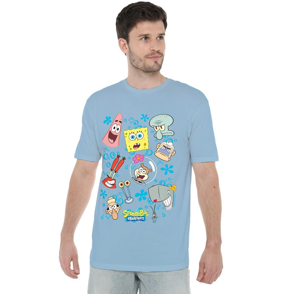 Spongebob Character Faces Unisex T Shirt, Light Blue, XXX-Large