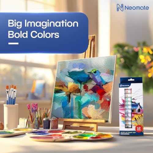 Image of Neomate Acrylic Paint Set - 12 Premium Acrylic Paint Tubes with 2 Brushes - Vibrant, Non-Toxic Pigments for Canvas, Glass, Plastic, Rocks, Arts and Crafts