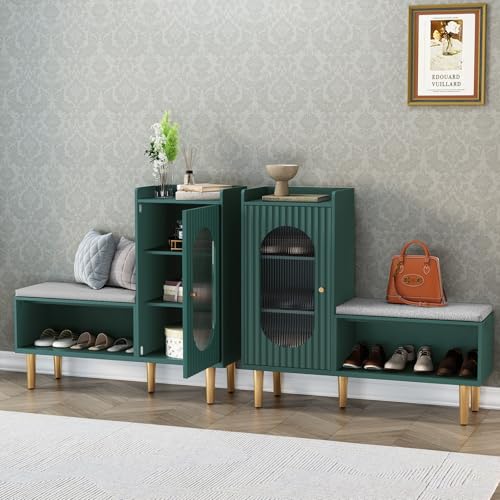Image of HLR Storage Bench Set of 2, Green Modern Entryway Shoe Cabinet Bench with Glass Door&Shelf, L-Shaped Storage Cabinet with Padded Seat for Hallway, Bedroom, Living Room, Office
