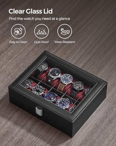 Image of SONGMICS Watch Box, 10-Slot Watch Case Organizer with Large Glass Lid, Removable Pillows, Gift for Loved Ones, Black Synthetic Leather, Wine Red Lining UJWB010R01