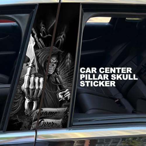 Image of Blueshyhall 2PCS Car B-Pillar Vinyl Decals, Horror Skull Skeleton Personalized Vehicle Door Pillar Sticker, Waterproof Sun Protection Scratch Cover