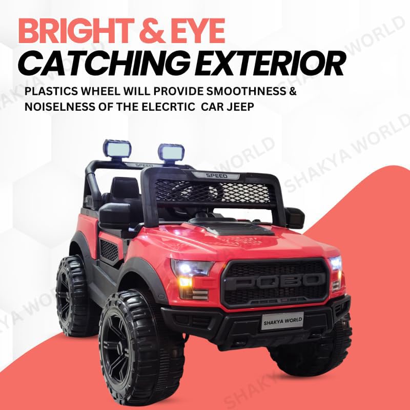 Image of SHAKYA WORLD POBO Battery Operated Jeep for Kids 1 to 8 Years Ride on with Music & Light Electric Car Jeep, Red