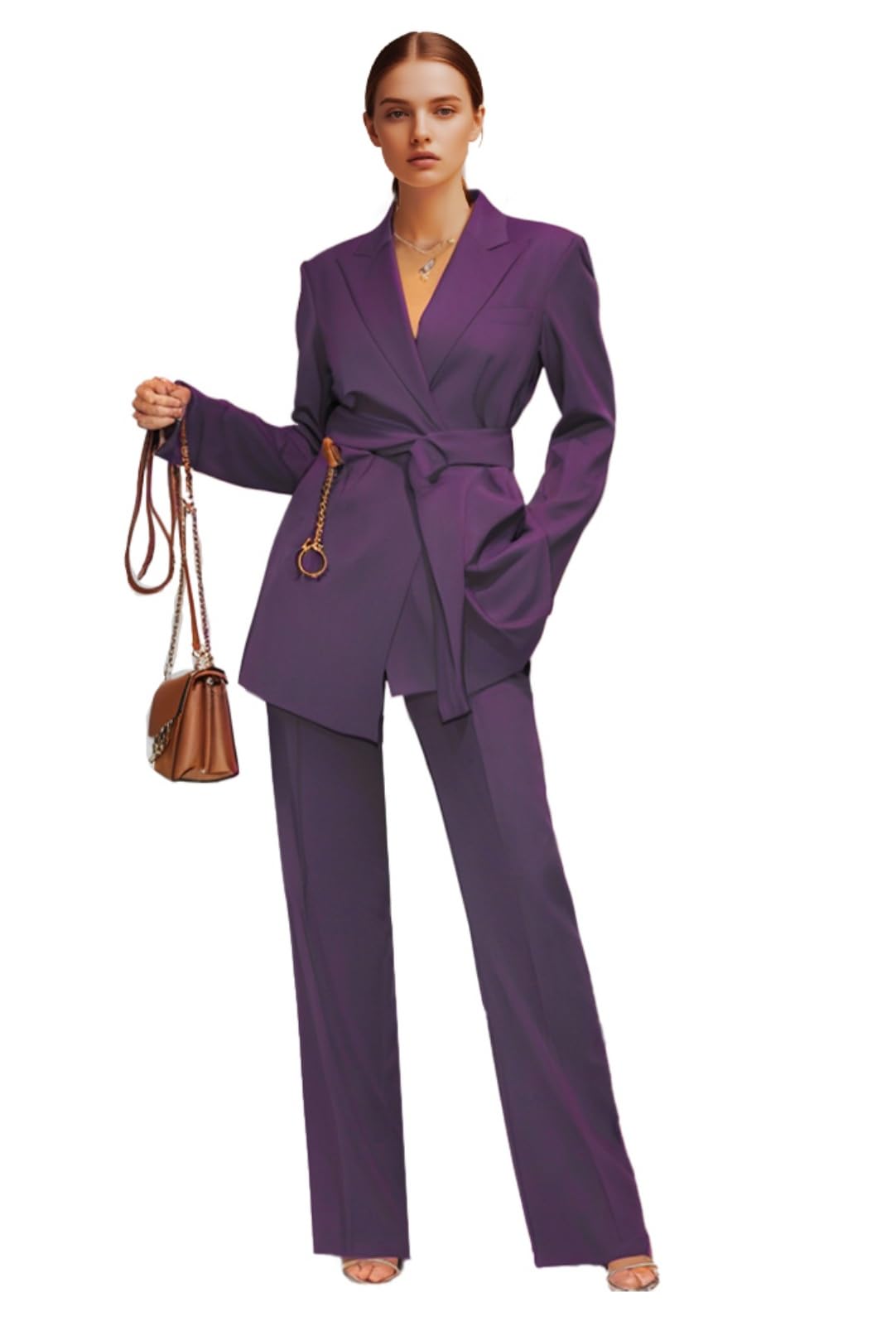 Womens Suit 2 Piece Set V-Neck Lace-up Suit Jacket Business Wedding Party Slim Fit Suit Plus Trousers