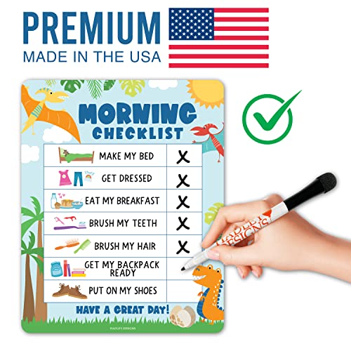 Image of Magnetic Morning & Bedtime Routine Chart for Kids - Customizable Toddler Daily Schedule Board with Dry Erase Surface, Stickers & Marker, Build Habits with Visual Checklists, Dinosaur Theme