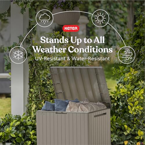 Image of Keter City 30 Gallon Resin Outdoor Storage Box and Patio Furniture Side Table for Pool and Garden Accessories, Beige
