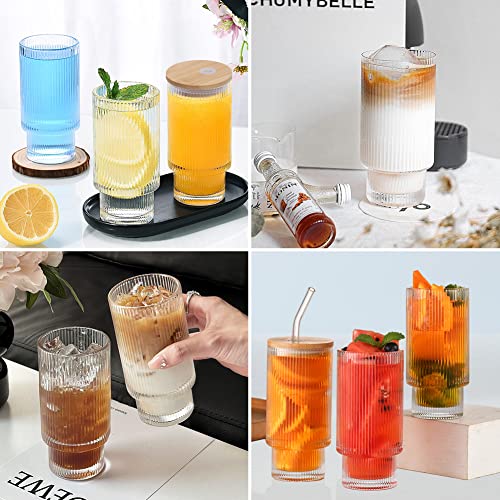 Uhapeer 12Oz Ribbed Drinking Glasses With Bamboo Lids And Straws Set Of 4, Ribbed Glassware Ribbed Glass Cups Vintage Glassware, Iced Coffee Glasses, Ribbed Wine Glasses For Cocktail, Juice, Smoothie #TOP4