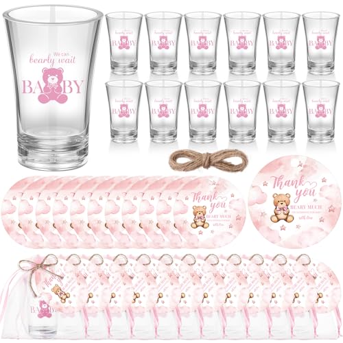 Funnymoom 50 Sets Pink Teddy Bear Baby Shower Decorations Girl We Can Bearly Wait Party Favors Birthday Gifts for Guests Acrylic Clear Shot Glasses Thank You Tags with Organza Bags for Gender Reveal