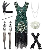 Women 1920S V Neck Sequined Beaded Gatsby Flapper Dress with 20s Accessories Set (XL, Style Flora...