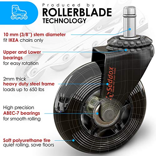Professional Office Chair Wheels 10Mm Stem - Fit Ikea Chairs Only - 3'' Replacement Rubber Chair Casters - Best Protection For Your Hardwood Floors Without Any Chair Mats - Black #TOP2