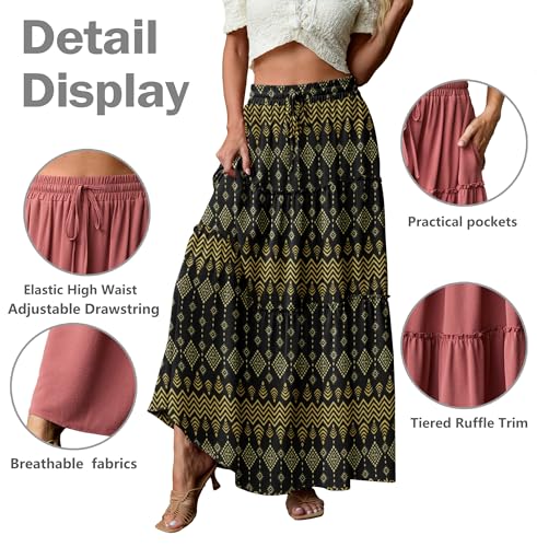Image of Lepunuo Womens Casual Boho High Waisted Flowy Maxi Skirts Tiered Floral Long Skirts with Pockets for Summer Beach Vacation
