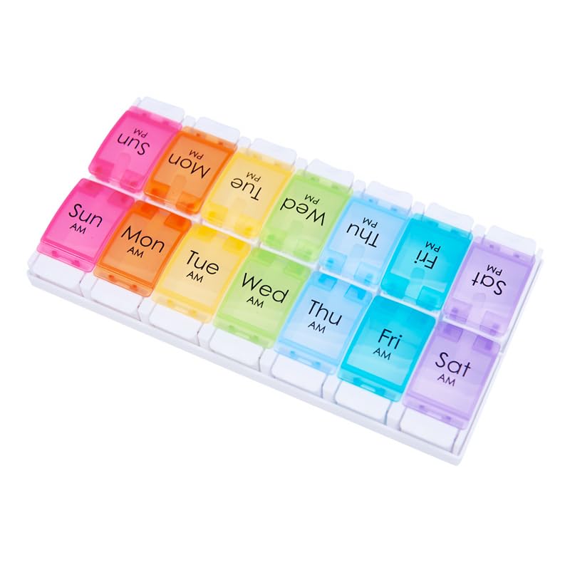 Wopanxye Push Button 7-Day Pill Case, Daily Medicine Planner, Travel Vitamin Organizer, Twice a Day AM PM 14 Compartments Pill Box Reminder for Fish Oil, Supplement, Arthritis Friendly, Colorful Lids