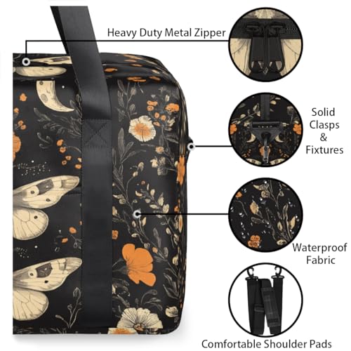 Flowers Moths Travel Duffel Bag for Men Women Vintage Moon Sports Gym Bag Waterproof Weekender Overnight Bags Foldable Carry on Backpack for Swim Yoga Fitness Workout3