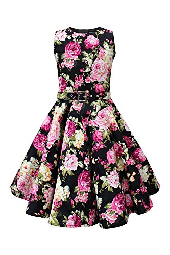 BlackButterfly Bambini Abito Vintage Anni '50 "Audrey Divinity (Floreale Rosa Nero, 11-12 Anni)