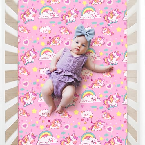 Image of JISEN Baby Fitted Crib Sheets for Standard Crib and Toddler Mattress Soft Breathable Pink Unicorns Toddler Bed Sheets for Boys and Girls Neutral 52x28 Inch