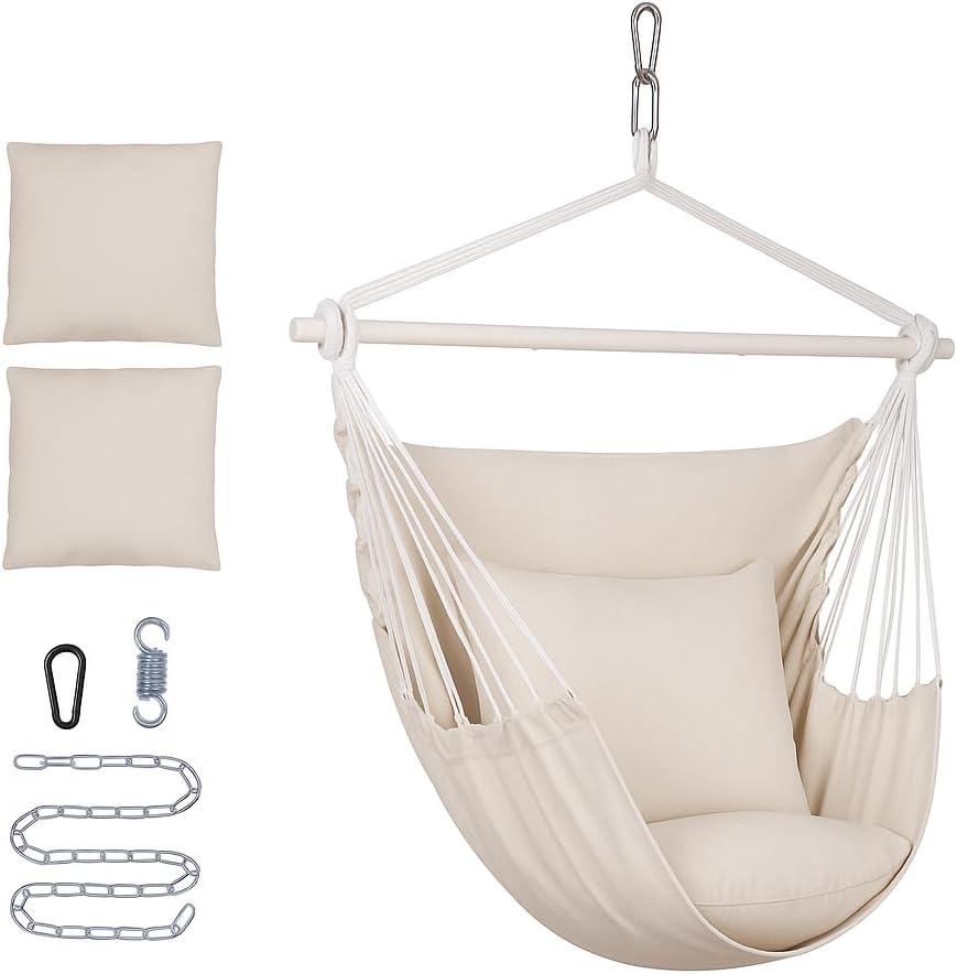 Backyard Expressions Hanging Hammock Chair Swing with Cushions & Hanging Kit – 500 lb Capacity, Cotton Blend Fabric, for Indoor/Outdoor Use – Includes Chain, Hooks & Spring – 5 Colors