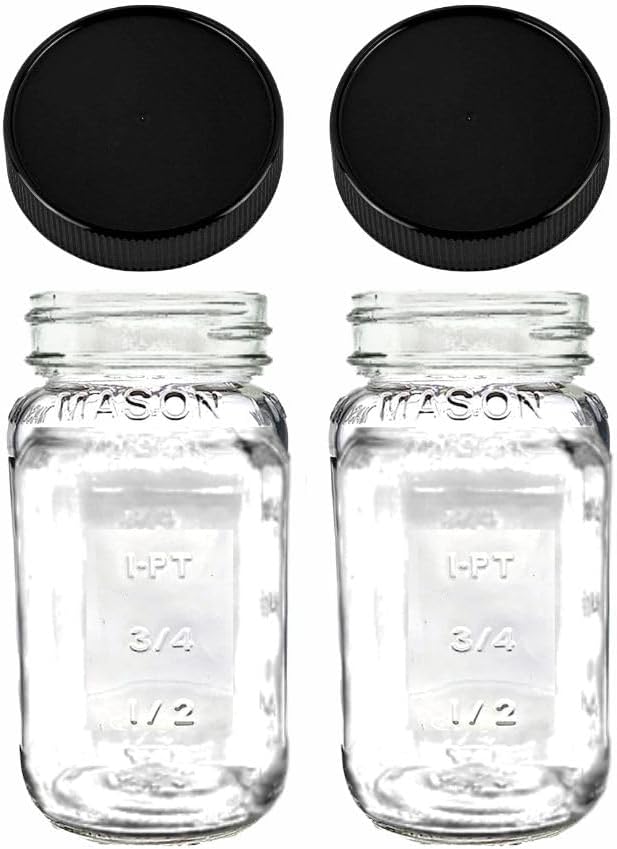 Jarming Collections Mason Jars - Tarros de vidrio con tapas de plástico, juego de 2, tarros Mason de 24 onzas, tapas negras
