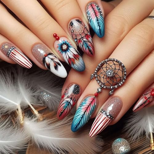 Almond Press on Nails Medium Length Fake Nails Dream Catcher Feather Design False Nails Red White Blue Patriotic colors Glue on Nail Cute Full Cover Acrylic Nails for Women Nail Decoration 24Pcs