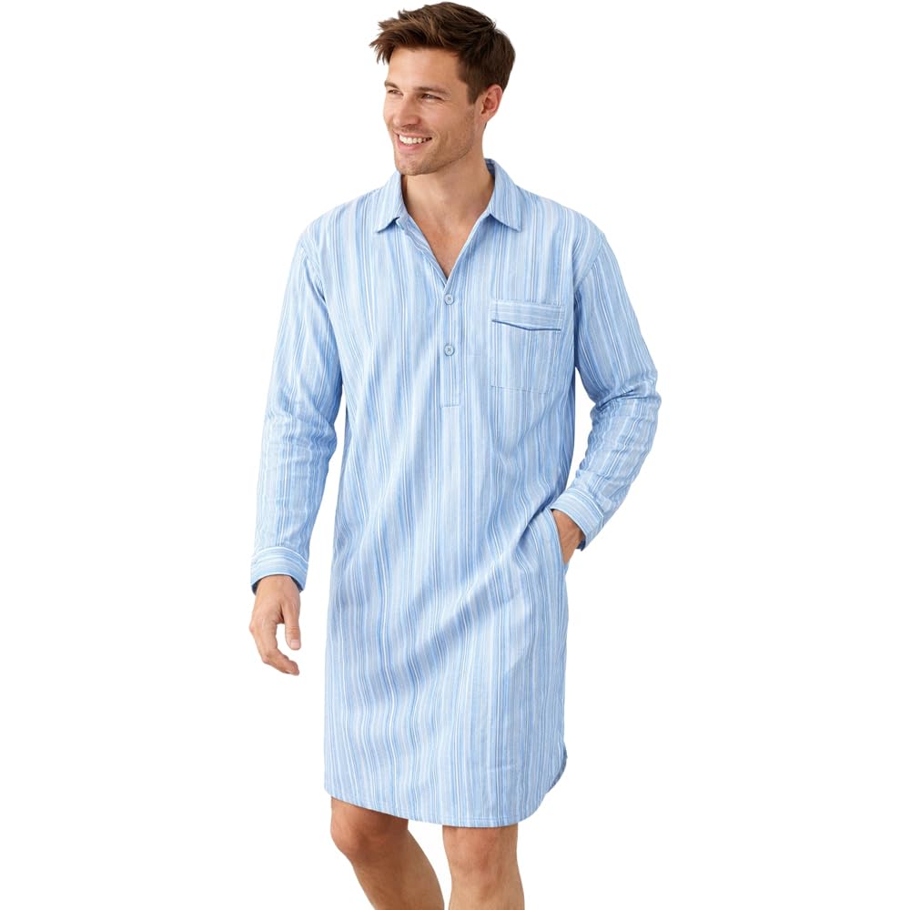 Mens Champion Brushed Cotton Striped Nightshirt Sleepwear Nightwear (Blue) L