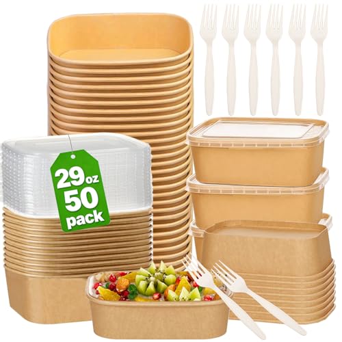 Artuxer 50 Pack 29Oz Disposable Meal Prep Containers With Lids and Forks-Disposable Kraft Paper Bowls-to go food containers-Microwavable and Freezer Safe Take Out Containers