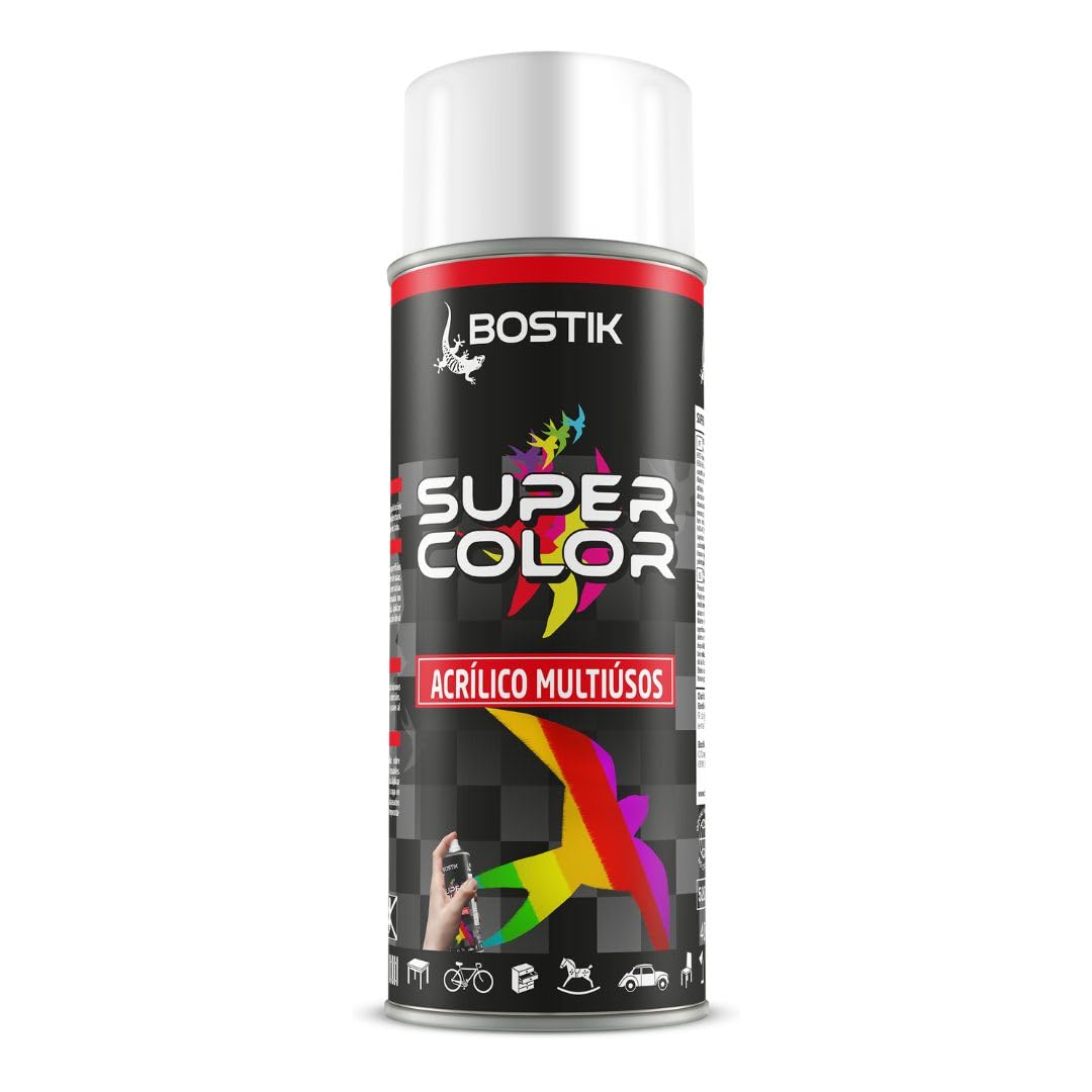 BOSTIK SUPER COLOR BLANCO BRILLANTE RAL 9010, Pintura en Spray Acrílica para Uso Profesional y Doméstico, Multiusos, Secado Rápido, Acabado Brillante, Interior y Exterior, Bote 400 ml