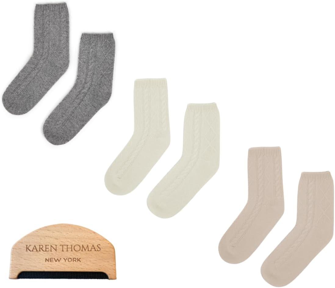 100% Pure Cashmere Women's Sleep Socks, 3-Ply Ultra Soft Cozy Cable Knit, Luxury Bed Socks for Warmth, Comfort, and Lounging
