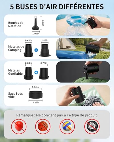 Zenmos Elektrische Luftpumpe für Luftmatratze,3600mAh Akku Wiederaufladbar,Schnelles Auf- und Abpumpen,mit 5 Düsen für Schwimmbecken, Luftmatratzen, Camping & Reisen,Schwarz