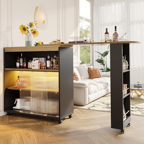 Yihomfy Table de Bar Extensible (138-204×39×105 cm) - Comptoir Rotatif 360°, Compartiment Ouvert & Porte Coulissante en Verre - Meuble Bar Haute pour Salon...