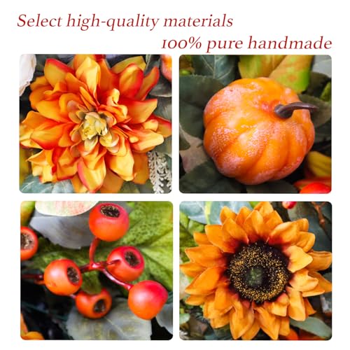 Fall Wreath for Front Door, 24 Inch Autumn Wreath with Pumpkins, Peony, Sunflowers & Dahlias, Fall Decorations for Home, Artificial Flowers Harvest and Thanksgiving Indoor & Outdoor by Rimalo - Image 2