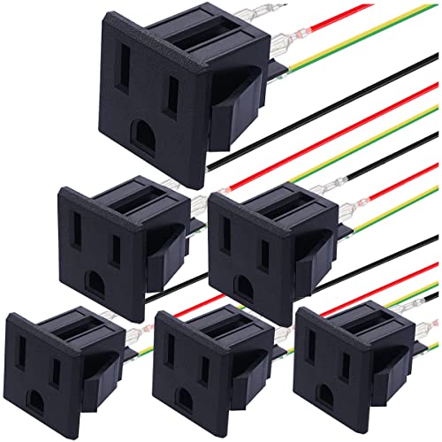 MKBKLLJY 6Pcs 3 Pins US Power Socket Plug Panel 15A 125V AC Panel Mount Outlet Industrial Plug Female Connectors Adapter with 18AWG Connection Cord line