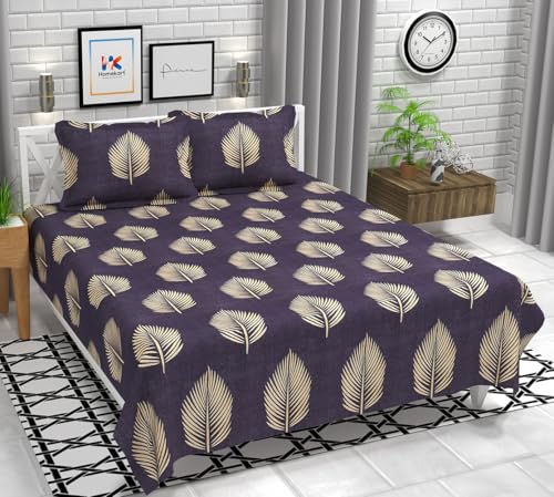 Image of HOMEKART Leaves 180 Tc Ultra Super Soft Cotton Feel Microfiber Double Bedsheet with Two Pillow Covers for Your Bedroom (90x88 Inches, Violet)