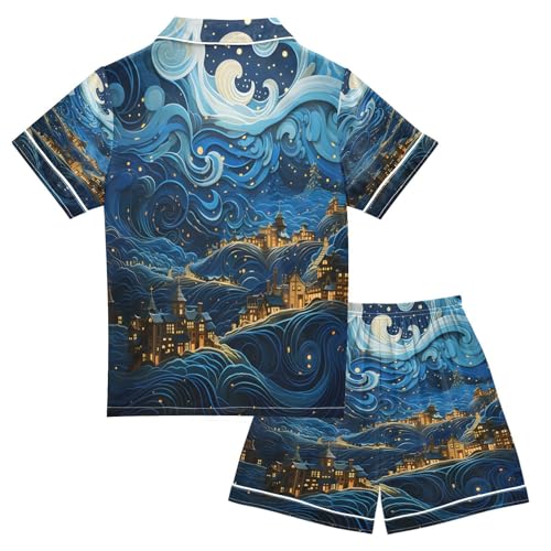ALAZA Van Gogh Cityscape Satin Pajamas Set Short Sleeve Button Down Sleepwear Summer Pjs 2 Piece2