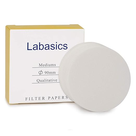 Labasics Qualitative Filter Paper Circles, 90 mm Diameter Cellulose Filter Paper with 15-20 Micron Particle Retention Medium Filtration Speed, Pack of 100